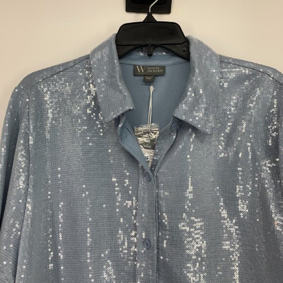 Worthington x Jason Bolden Top Blue Sequin Button Down Long Sleeve - Picture 2 of 11
